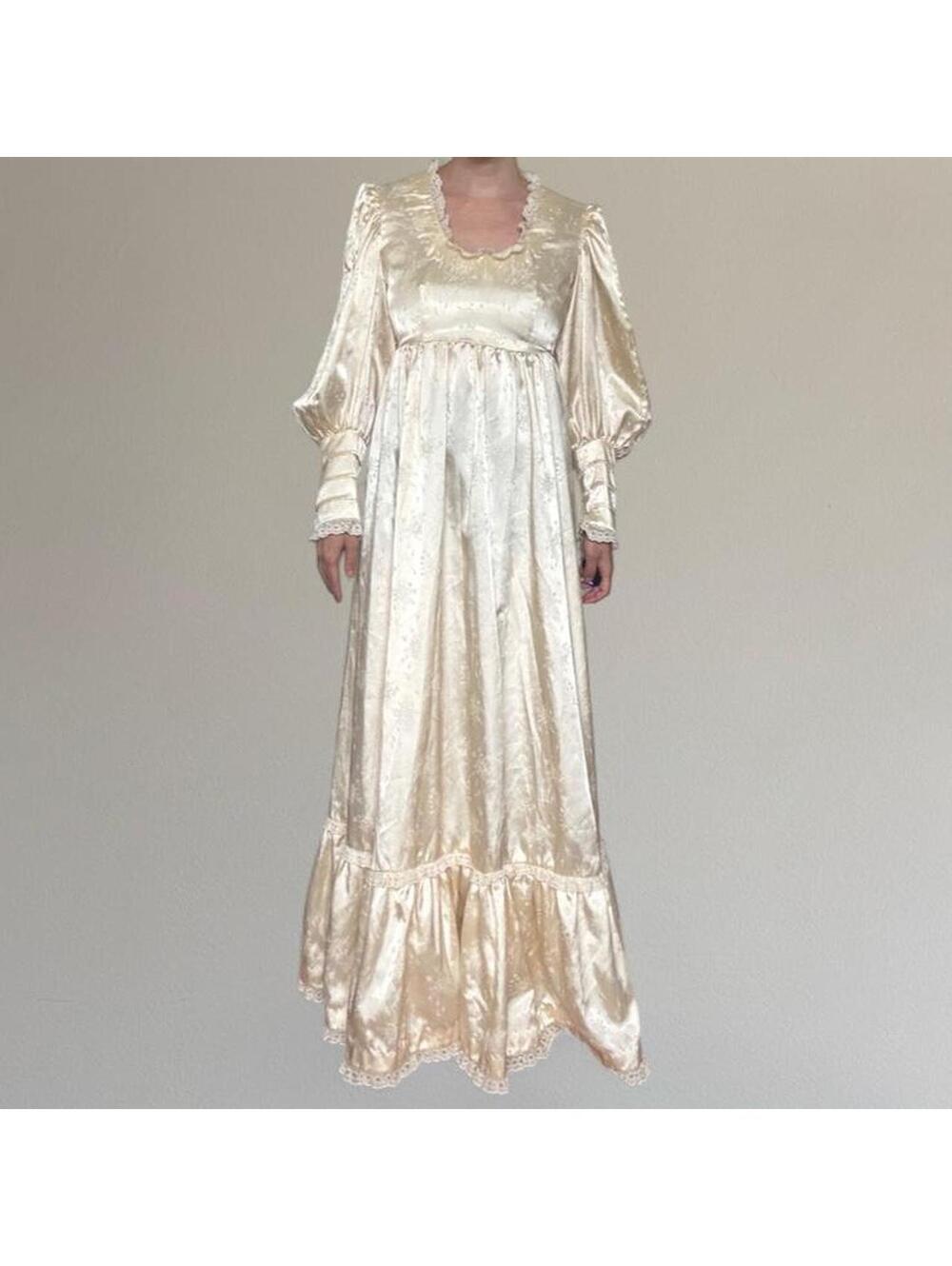 70s regency-inspired wedding dress.